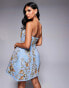 Фото #4 товара ASOS LUXE 3D floral gold embellished denim bandeau mini dress with cage skirt in mid wash blue