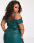 Jaded Rose Plus off shoulder crop top in emerald sequin co-ord