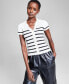 Фото #1 товара Women's Striped Ribbed Polo Short-Sleeve Sweater, Created for Macy's