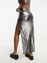 ASOS DESIGN asymmetric ruched side maxi beach skirt co-ord in metallic silver plisse