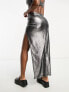 Фото #3 товара ASOS DESIGN asymmetric ruched side maxi beach skirt co-ord in metallic silver plisse