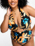 River Island Plus trim halterneck swimsuit in black tropical print