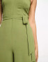 Miss Selfridge belted sweetheart neck wide leg jumpsuit in khaki Зеленый, 44 - фото #3