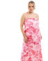 Vero Moda Curve satin square neck maxi slip dress in pink daisy print