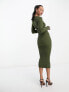 In The Style ribbed midi v neck dress in khaki