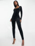 Threadbare Gina velour square neck jumpsuit in black