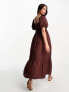 New Look puff sleeve shirred top midi dress in brown