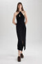 Фото #6 товара Платье женское Defacto Bodycon с разрезом черное из смесовой льняной ткани