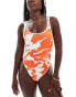 ASOS DESIGN contrast binding scoop neck swimsuit in abstract orange