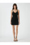 V Yaka Düz Siyah Kısa Kadın Elbise 3sak80007ek