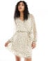 Vila tie waist v neck mini dress with sheer sleeves in cream spot