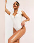 ASOS LUXE bardot swimsuit with tulle corsage strap detail in white