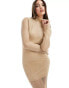 Heiress Beverly Hills exclusive premium all over diamante mesh detail long sleeve maxi dress in beige