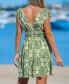Women's Green Damask Sleeveless Smocked Waist Mini Beach Dress