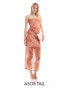 Фото #1 товара ASOS DESIGN Tall bandeau midi dress with drape mesh bodice in orange animal print