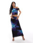 Kaiia mesh column maxi skirt co-ord in black and blue flower print