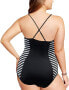 Фото #2 товара Tommy Bahama Women's 187641 Black Striped Plunge One-Piece Swimsuit Size 12