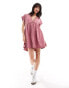 ASOS DESIGN v neck rolled up short sleeve with embroidery mini dress in pink Розовый, 44 - фото #1