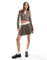 Miss Selfridge tailored rib trim pleated mini skirt in check in brown check co ord Коричневый клетчатый, 38 - фото #4