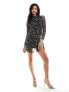 Фото #5 товара ASOS DESIGN high neck asymmetric wrap mini dress in mono swirl print