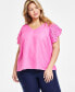 ფოტო #1 პროდუქტის Plus Size 100% Linen Embroidered Flutter-Sleeve Top, Created for Macy's