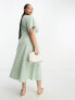 ASOS DESIGN Curve broderie v neck midi dress with buttons in sage and cream contrast