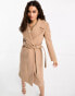 Forever New Petite formal wrap coat with tie belt in camel Бежевый, 42 - фото #4