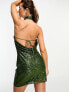 Фото #5 товара ASOS DESIGN embellished halterneck twist mini dress in allover sequin in khaki