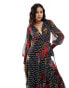 Hope & Ivy blouson sleeve maxi wrap dress with lace cuffs in dark red floral