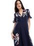 Hope & Ivy embroidered plunge front midi dress in navy