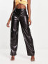 Kaiia leather look cargo trouser with asymmetric waistband in black