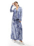 Vero Moda satin tie front open shirt co-ord in blue crinkle print