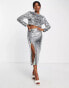 Фото #2 товара Extro & Vert maxi skirt with high split in silver sequin co-ord