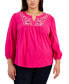 Фото #1 товара Plus Size Embroidered Split-Neck Top, Created for Macy's