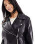 River Island petite faux leather oversized biker jacket in black 36 - фото #6