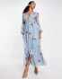 ASOS DESIGN Tall shirred waist button through midi tea dress with all over embroidery in dusty blue