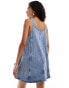 Noisy May denim pinafore dress in mid wash blue