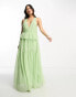 ASOS DESIGN Petite plunge pleated tiered maxi dress in sage green