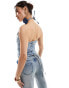 Simmi denim structured sweetheart neck corset top with corsage choker co-ord in light wash blue