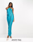 Фото #2 товара ASOS DESIGN Tall fringe drape halter maxi dress in teal