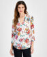 Фото #1 товара Petite Floral-Print Gathered-Neck Top, Created for Macy's