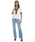 ფოტო #5 პროდუქტის Women's Contrast-Trim Short-Sleeve Ribbed Sweater