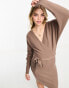 Фото #1 товара Vero Moda wrap belted long sleeve knitted mini dress in brown