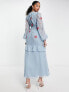 ASOS DESIGN Tall shirred waist button through midi tea dress with all over embroidery in dusty blue