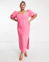 Фото #8 товара ASOS DESIGN Curve puff sleeve midi dress with asym neck line in hot pink