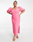 ASOS DESIGN Curve puff sleeve midi dress with asym neck line in hot pink