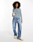 Vila ribbed long sleeved t-shirt with lettuce edge in blue stripe