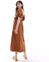 New Look shirred puff sleeve linen blend midi dress in rust Медь, 40 - фото #2