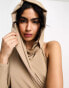 ASOS DESIGN one shoulder draped hood midi dress in mocha brown