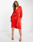 Фото #2 товара Never Fully Dressed tie waist satin midi dress in red